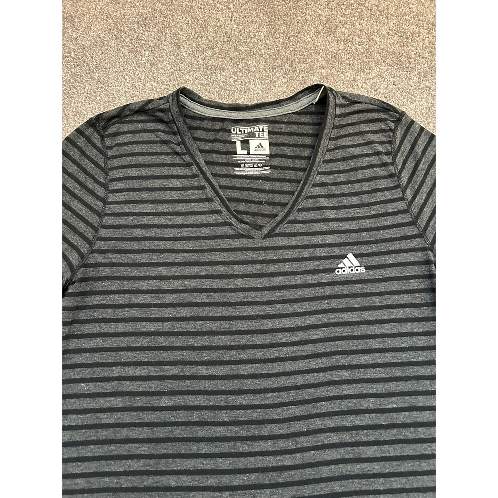 Adidas Ultimate Tee Women Large Gray Black Excellent V-Neck Striped Shirt